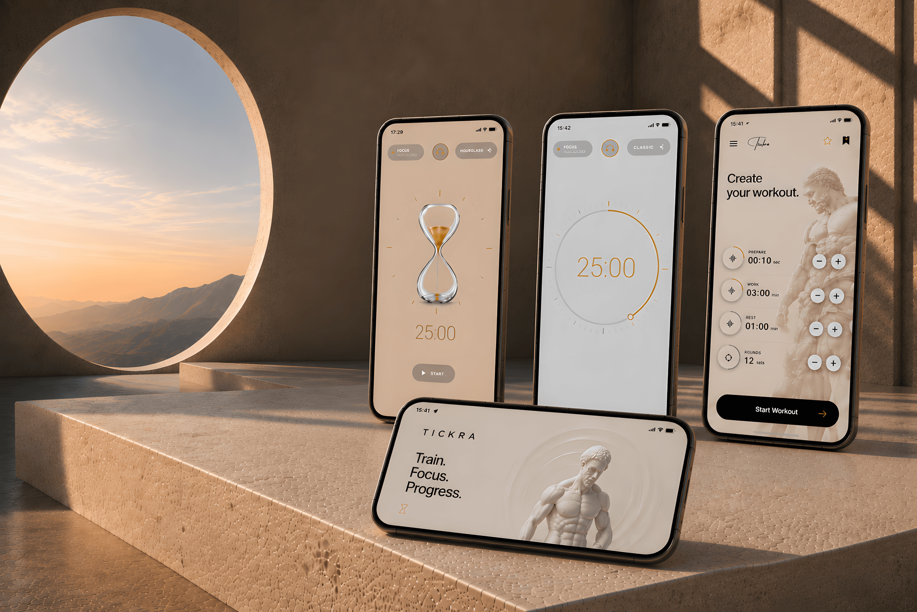 Four Tickra app screens showing Pomodoro, focus timer, and custom workout experiences.