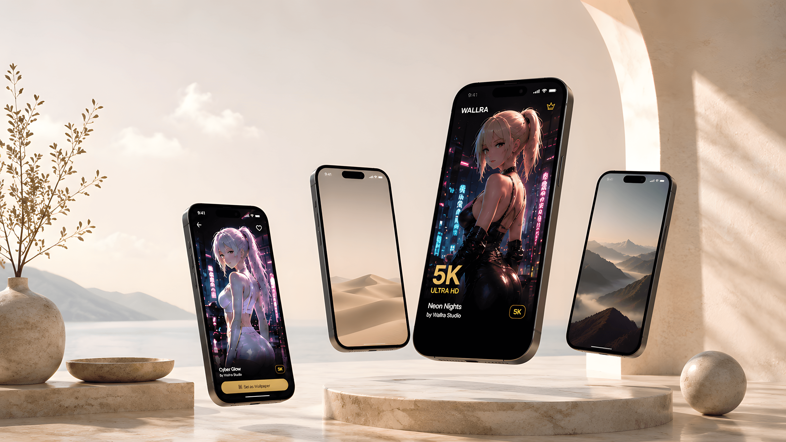 Four phones presenting Wallra anime, landscape, and 5K wallpaper collections.
