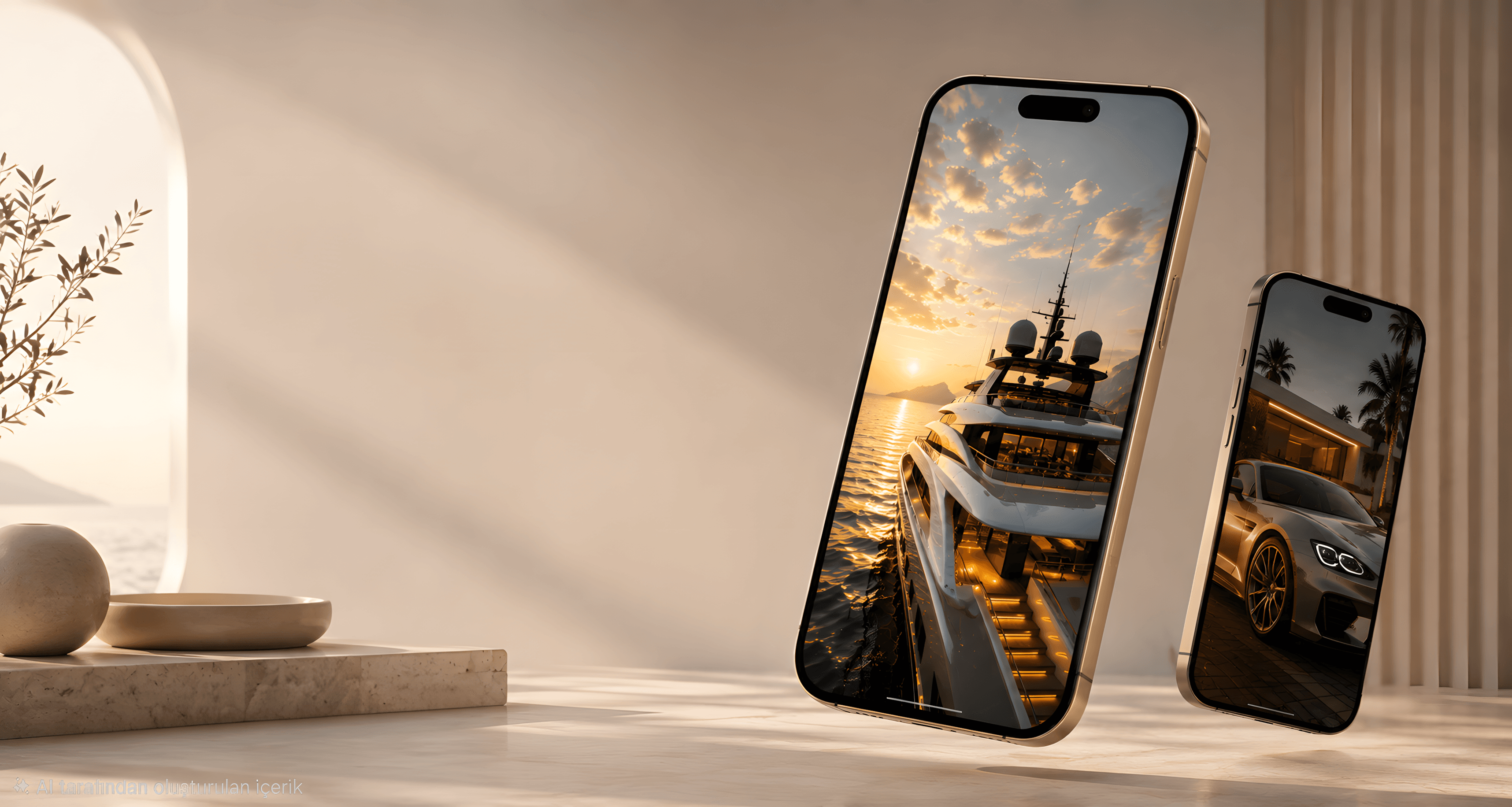 Wallra yacht and automotive wallpapers displayed on two phones.